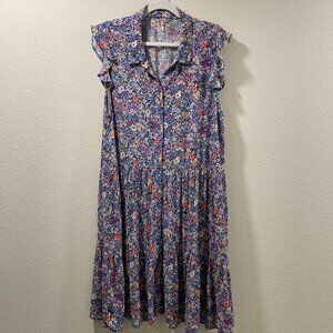 ESQUALO Sleeveless Vintage Inspired Floral Print Tiered Dress, Blue/Ivory - 10